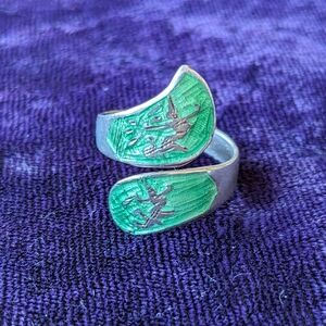Vintage 925 Sterling Silver Ring With Two Dancers, Green Enamel, Adjustable